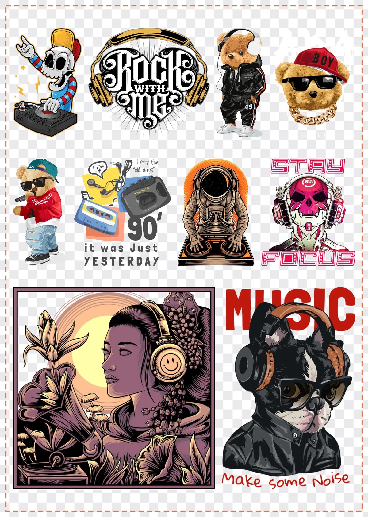 DJ & Beats Gang Sheet Pack DTF gang sheet, 42x59cm, 10 designs packed