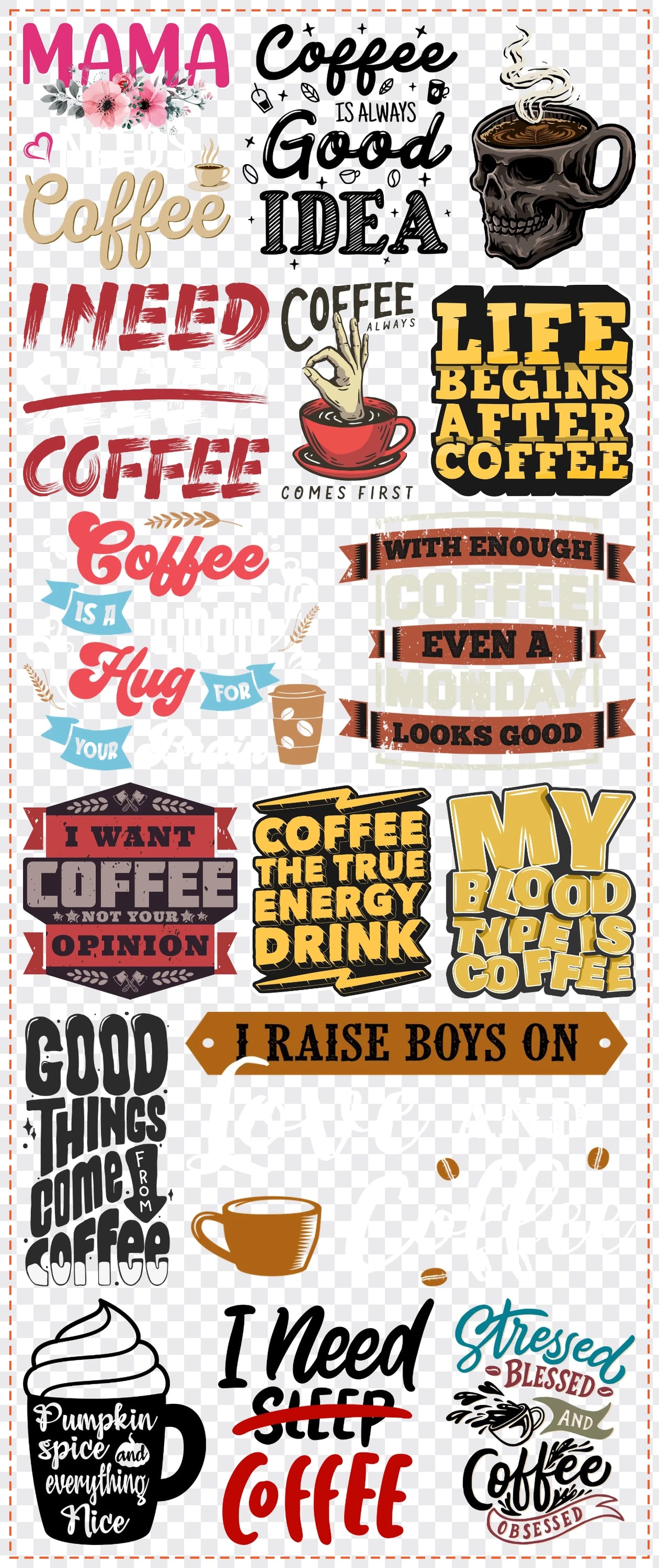 Coffee Lovers Gang Sheet Pack DTF gang sheet, 42x100cm, 16 designs packed