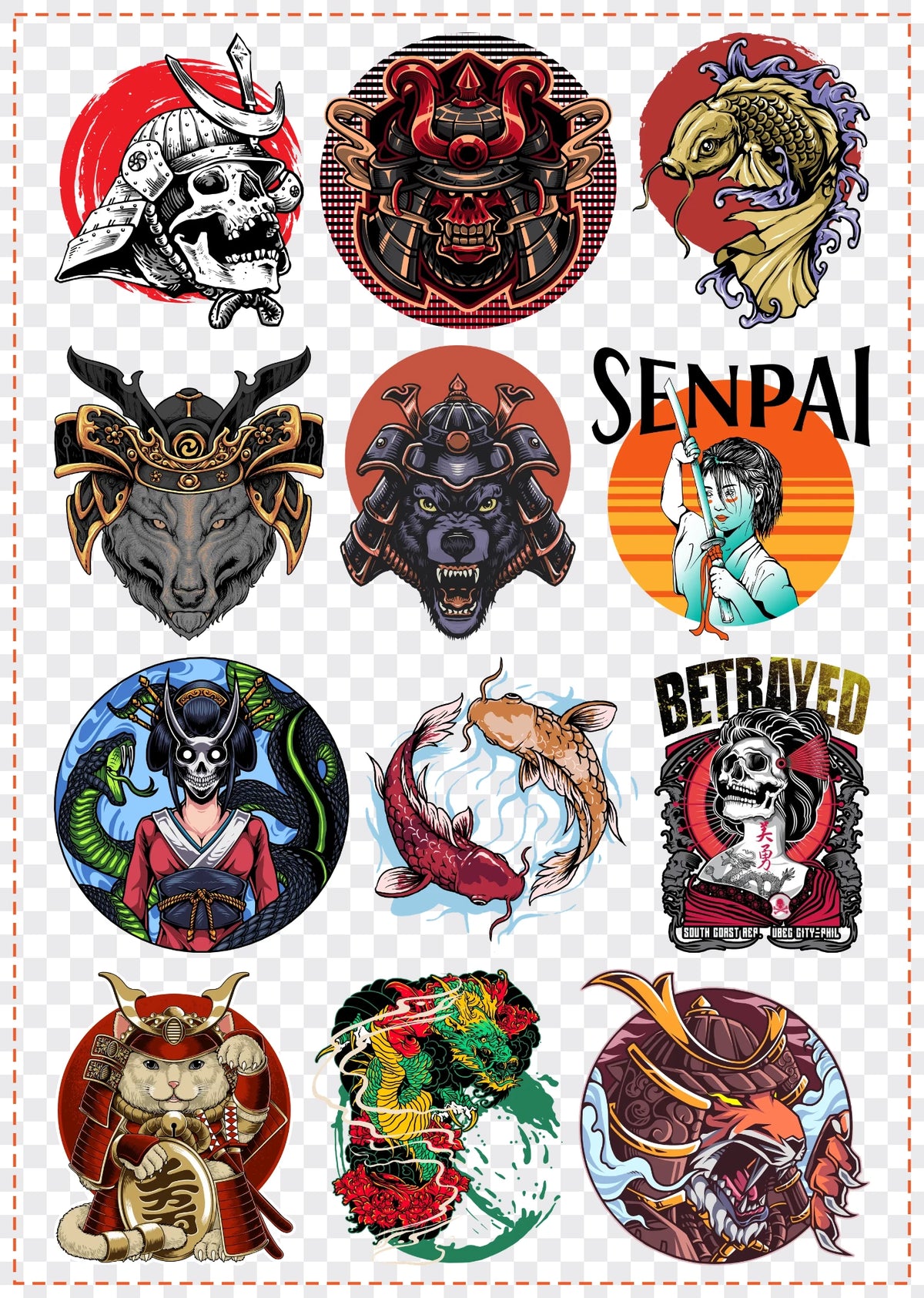Japanese & Samurai Gang Sheet Pack DTF gang sheet, 42x59cm, 12 designs packed