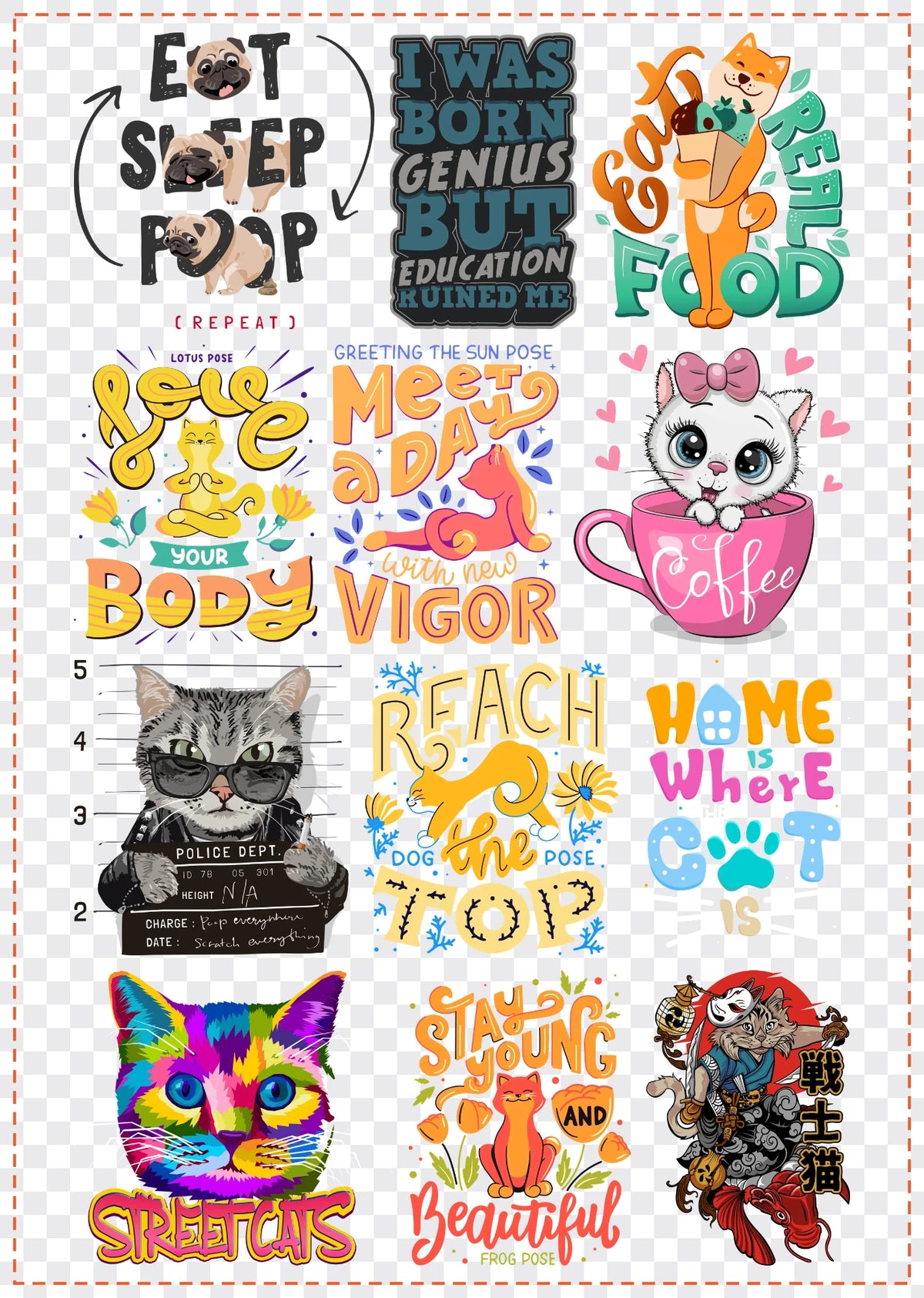 Dog & Cat Lovers Gang Sheet Pack DTF gang sheet, 42x59cm, 12 designs packed