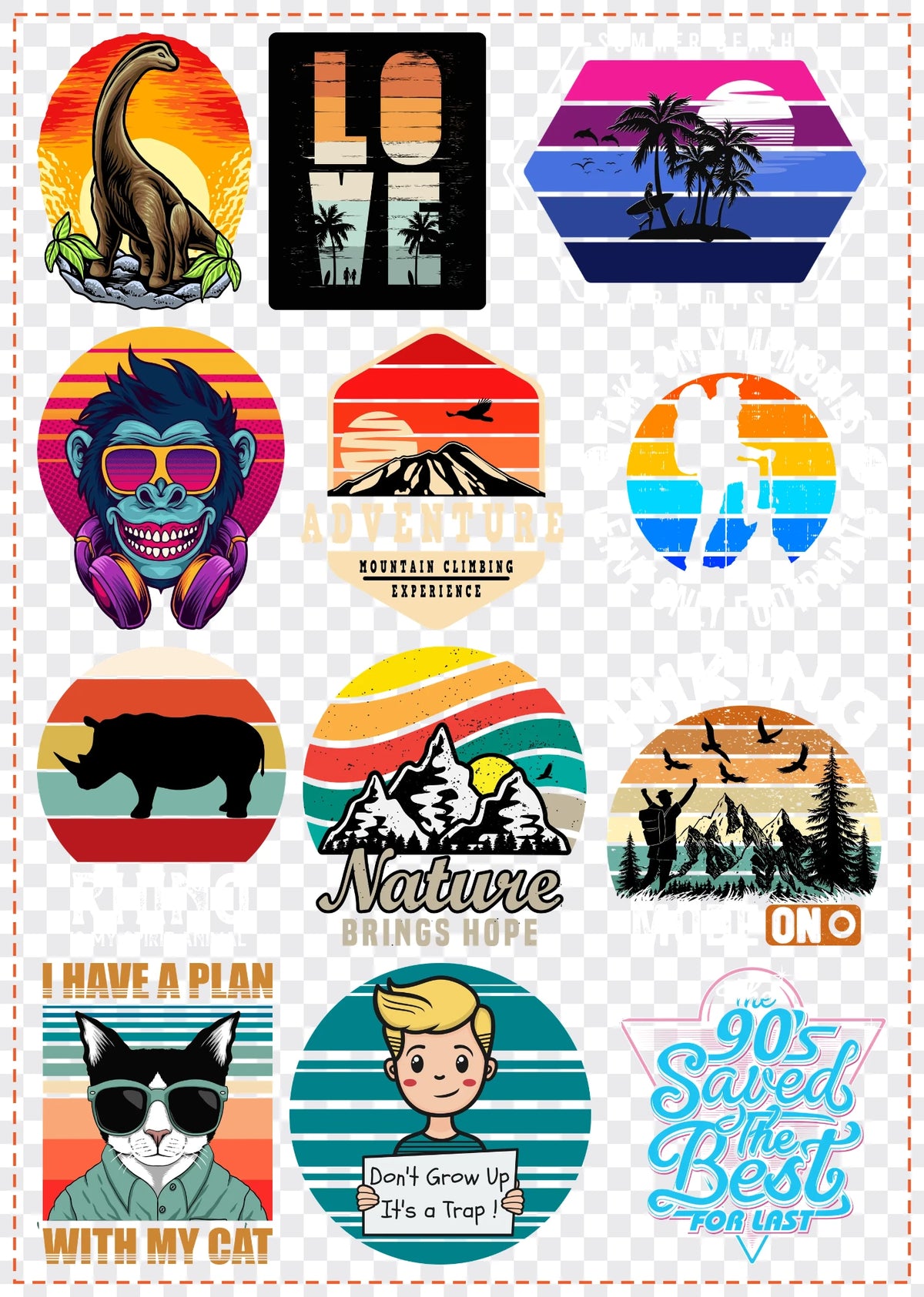 Retro Vibes Gang Sheet Pack DTF gang sheet, 42x59cm, 12 designs packed