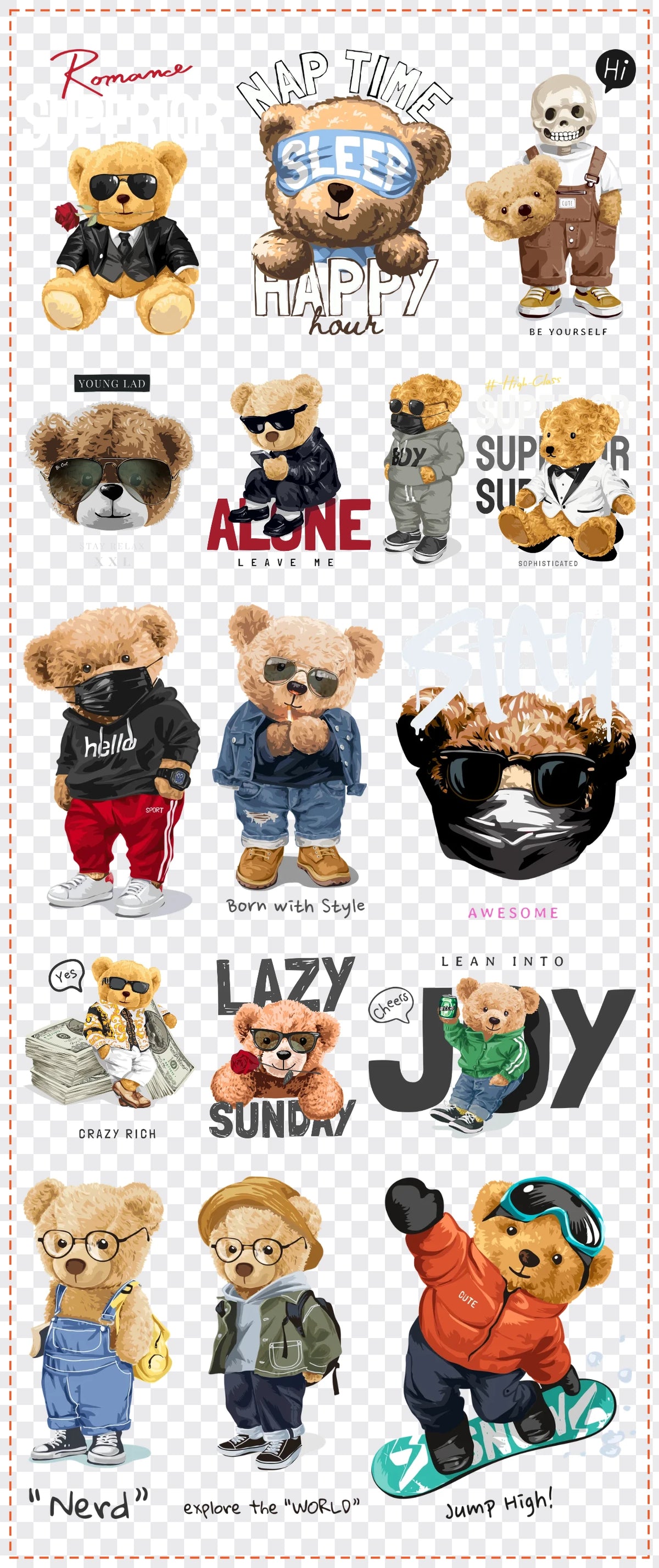 Teddy Streetwear Gang Sheet Pack DTF gang sheet, 42x100cm, 16 designs packed
