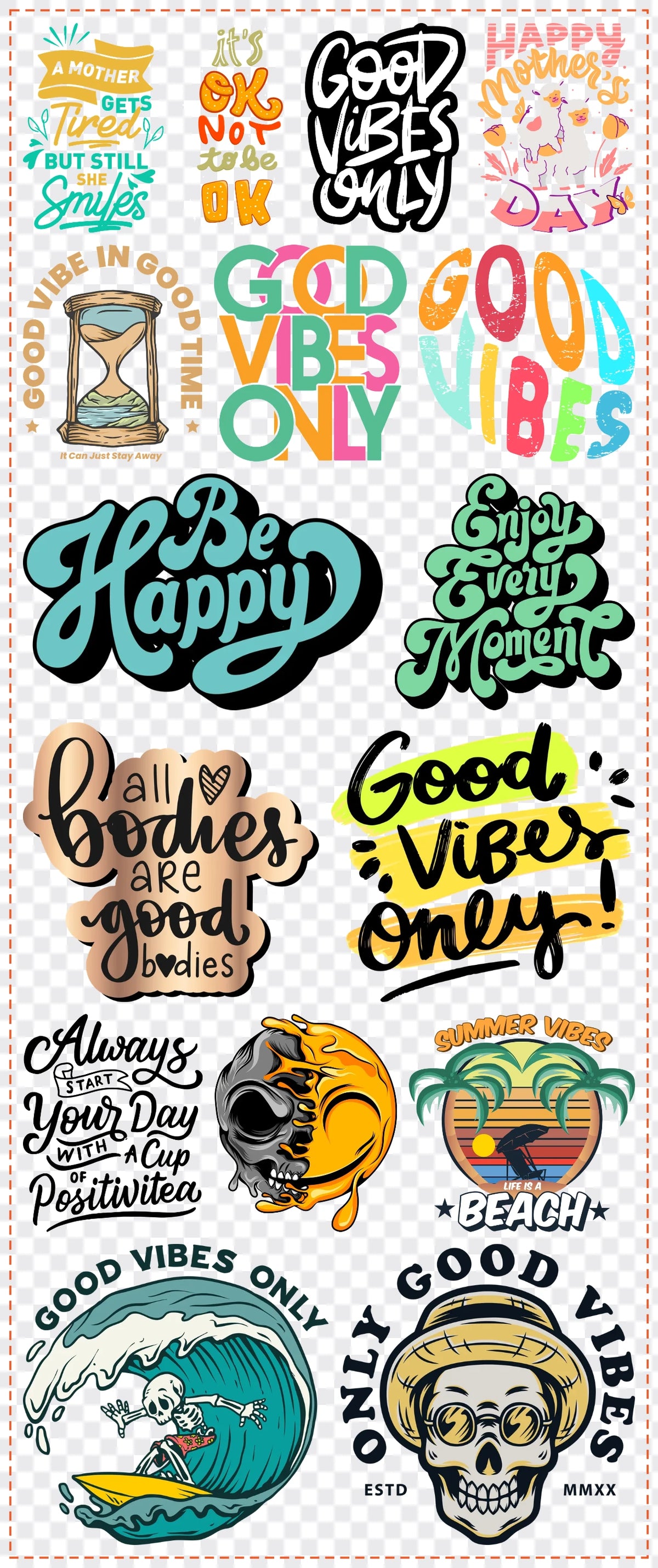 Good Vibes Gang Sheet Pack DTF gang sheet, 42x100cm, 16 designs packed