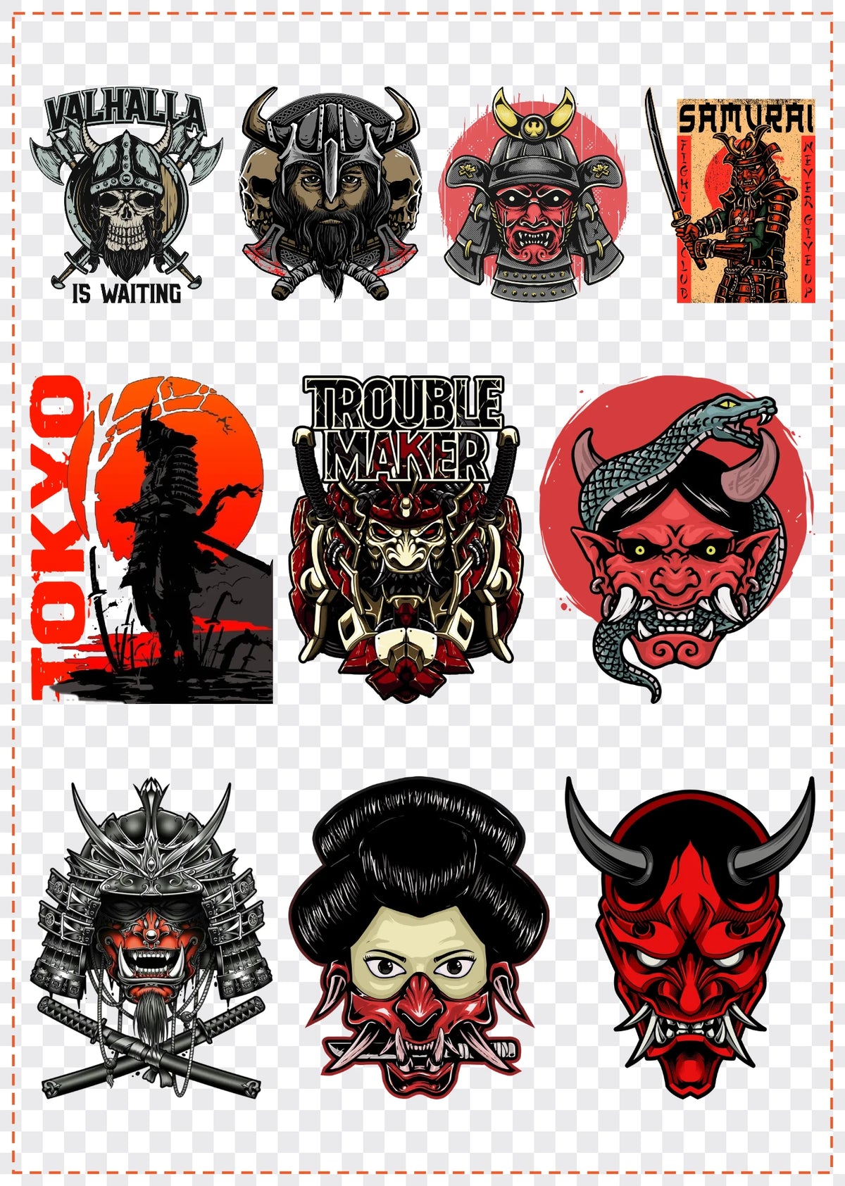 Vikings & Samurai Gang Sheet Pack DTF gang sheet, 42x59cm, 10 designs packed