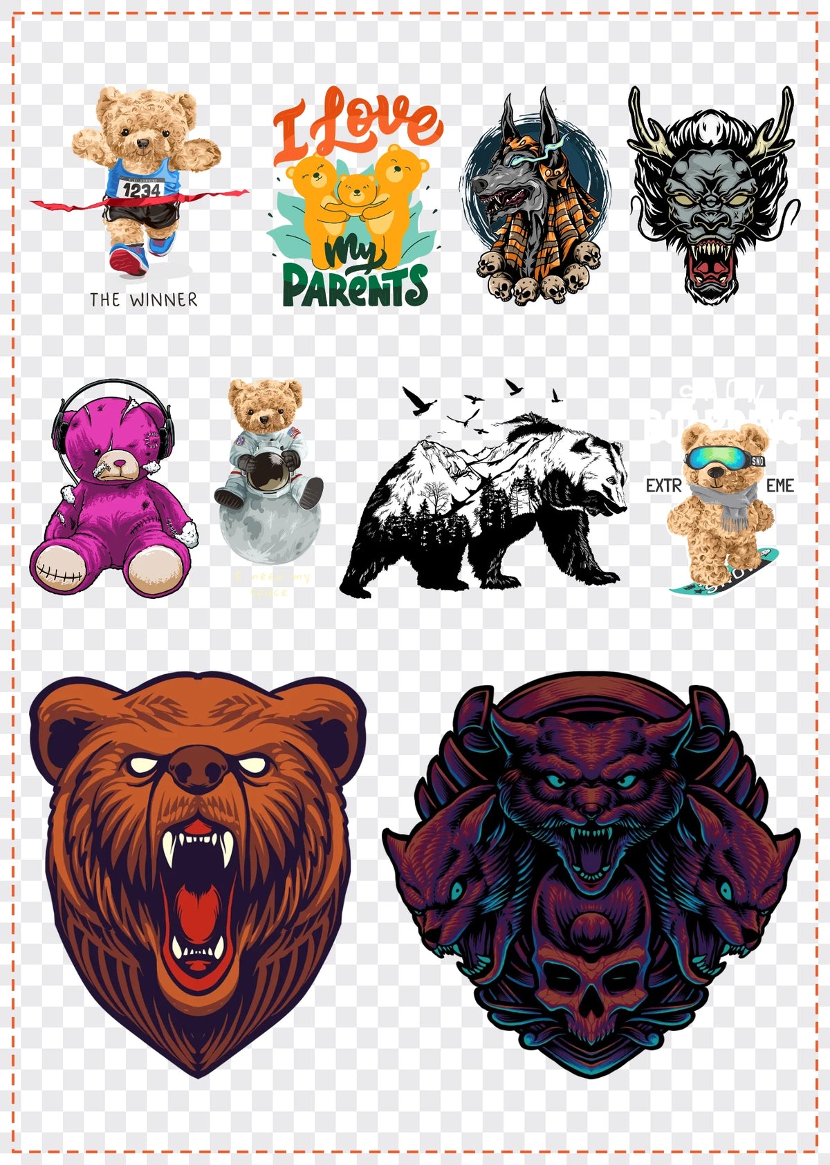 Wolves & Bears Gang Sheet Pack DTF gang sheet, 42x59cm, 10 designs packed