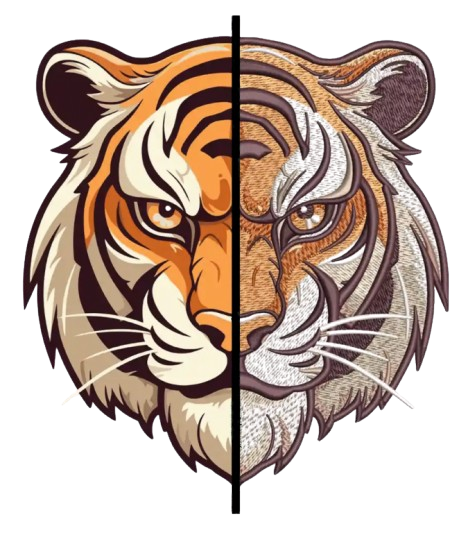 Tiger design shown half as artwork and half as finished embroidery