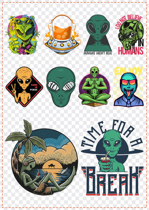 Aliens & UFOs Gang Sheet Pack DTF gang sheet, 42x59cm, 10 designs packed