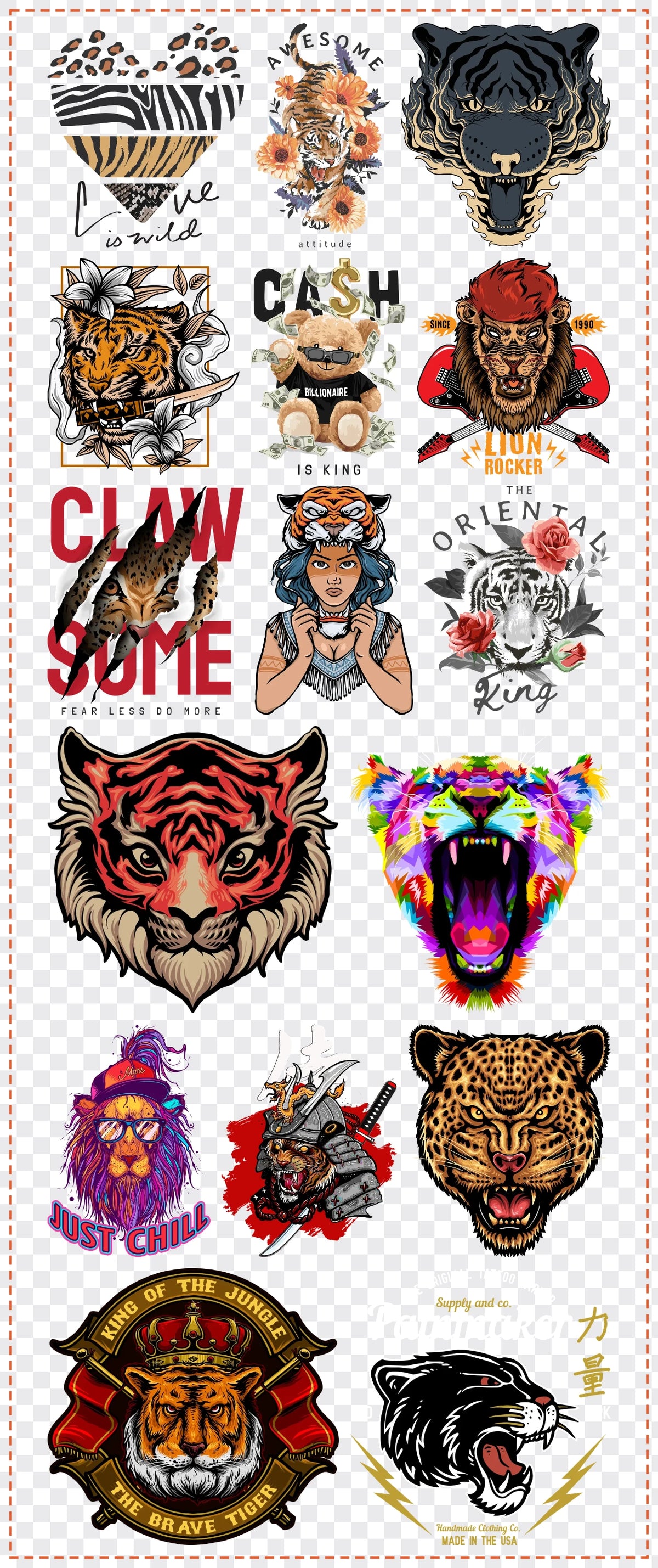 Big Cats Gang Sheet Pack DTF gang sheet, 42x100cm, 16 designs packed