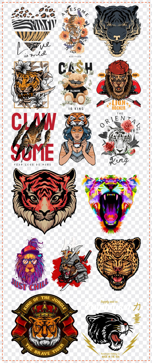 Big Cats Gang Sheet Pack DTF gang sheet, 42x100cm, 16 designs packed