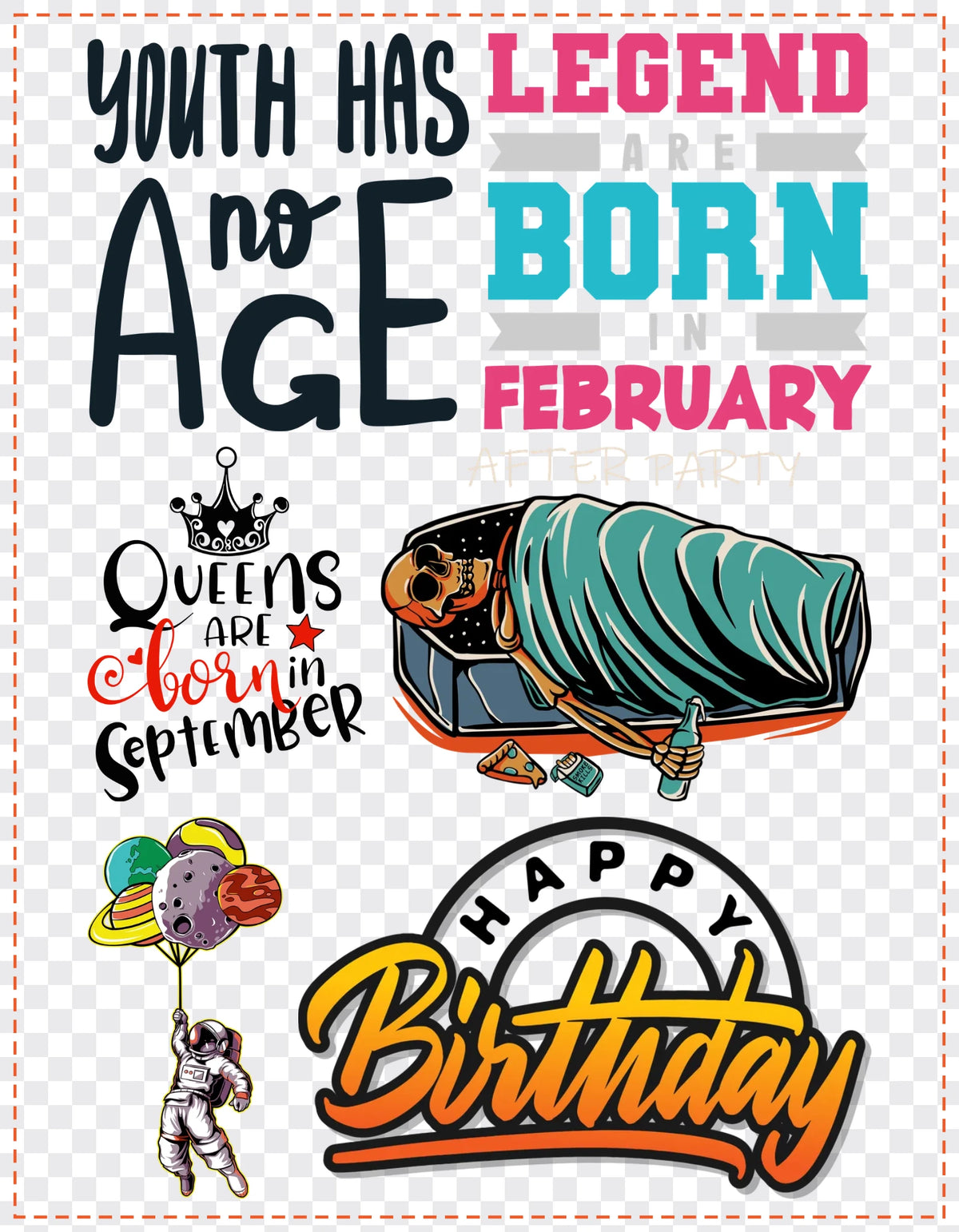 Birthday Crew Gang Sheet Pack DTF gang sheet, 21x27cm, 6 designs packed