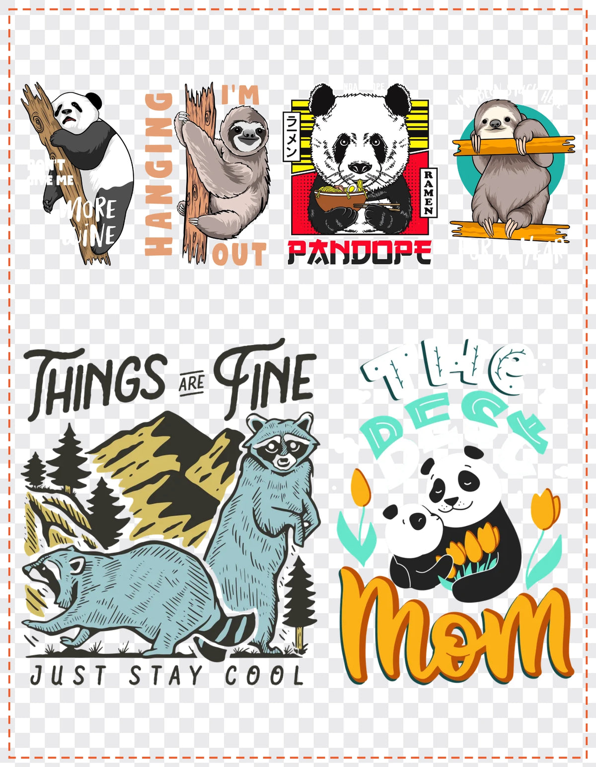 Pandas & Sloths Gang Sheet Pack DTF gang sheet, 21x27cm, 6 designs packed