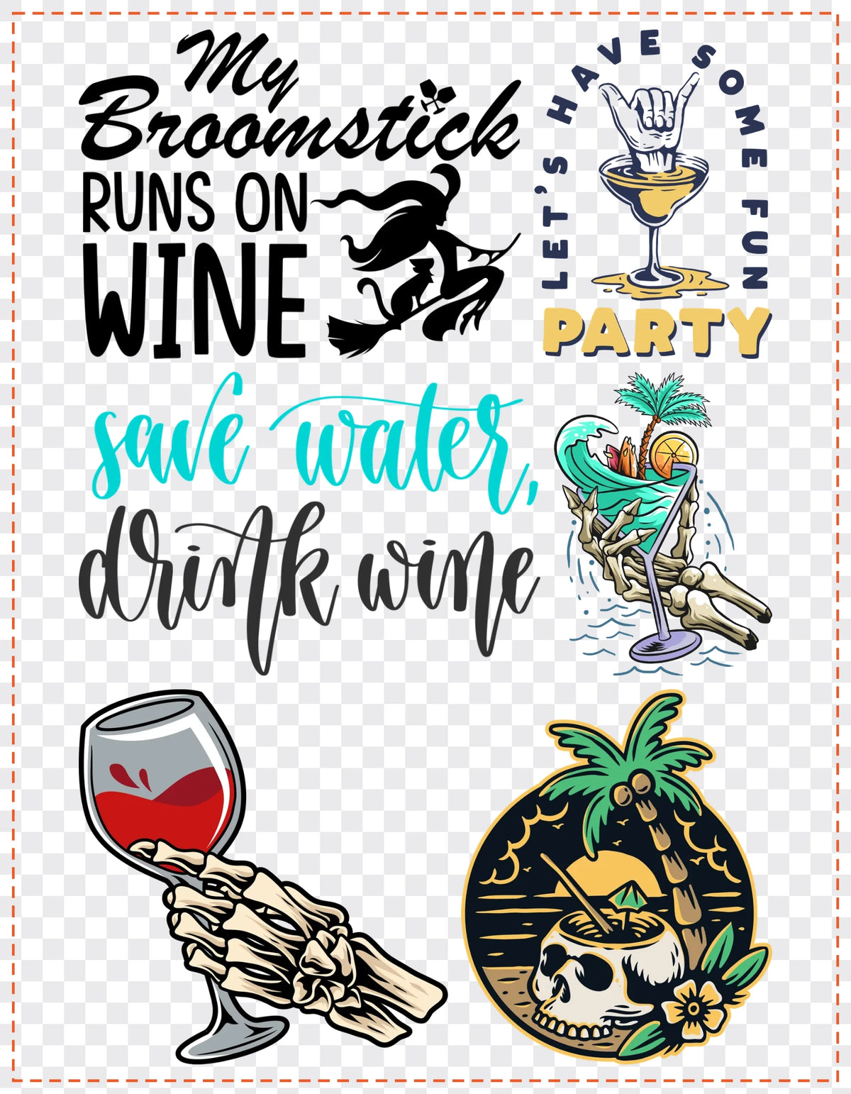 Wine & Cocktails Gang Sheet Pack DTF gang sheet, 21x27cm, 6 designs packed