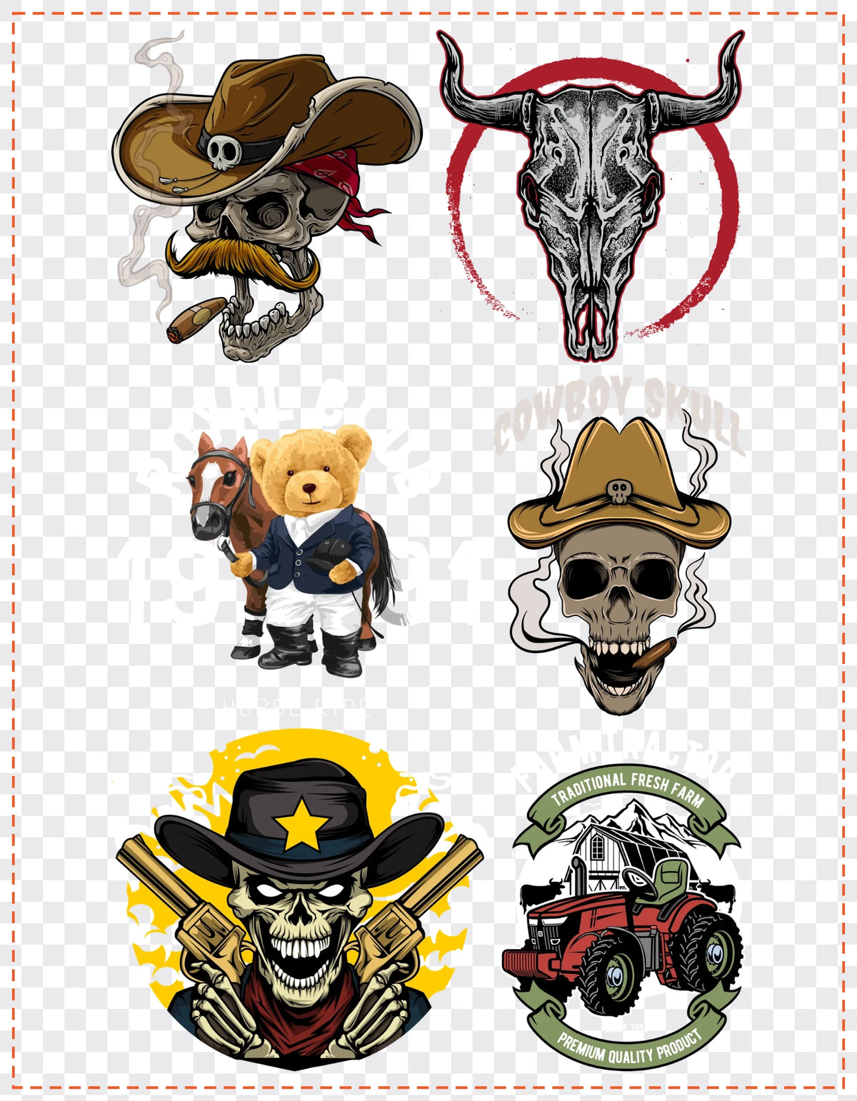 Cowboys & Country Gang Sheet Pack DTF gang sheet, 21x27cm, 6 designs packed