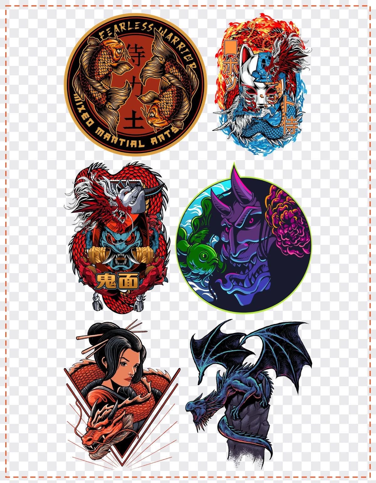 Koi & Dragons Gang Sheet Pack DTF gang sheet, 21x27cm, 6 designs packed