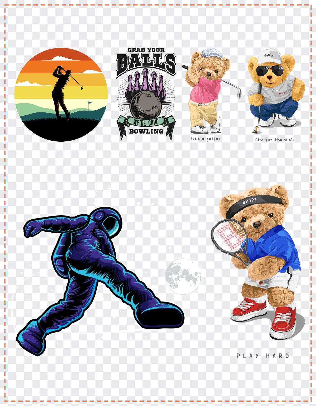 Golf & Bowls Gang Sheet Pack DTF gang sheet, 21x27cm, 6 designs packed