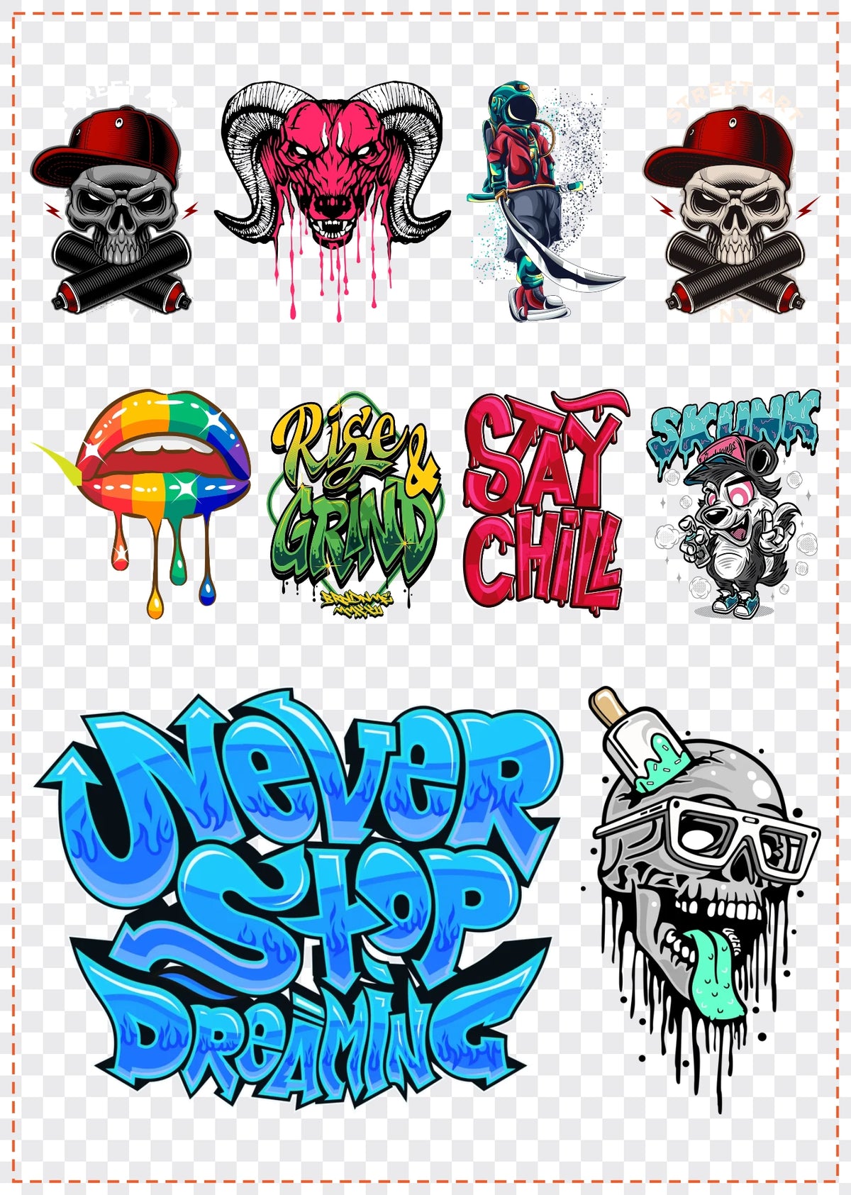 Graffiti & Street Art Gang Sheet Pack DTF gang sheet, 42x59cm, 10 designs packed