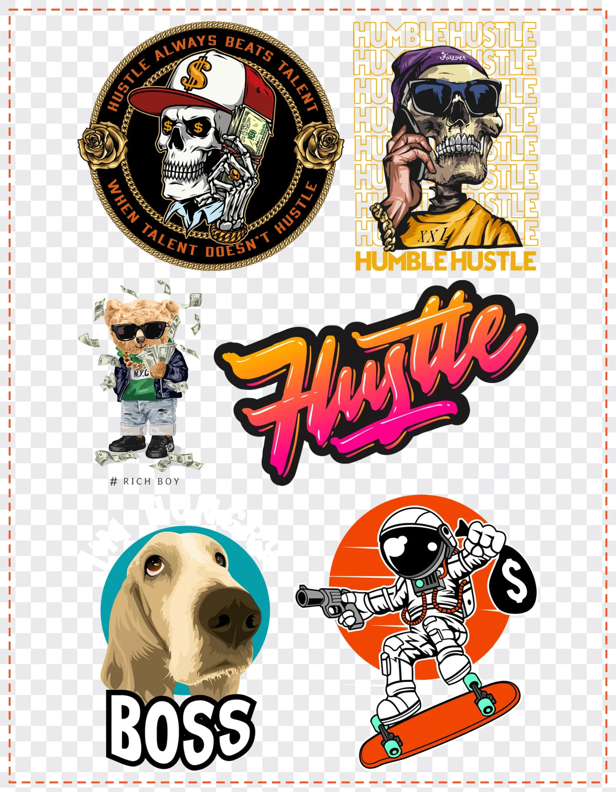 Hustle & Money Gang Sheet Pack DTF gang sheet, 21x27cm, 6 designs packed