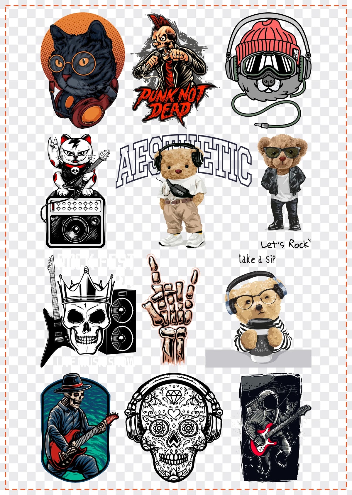 Music & Rock Gang Sheet Pack DTF gang sheet, 42x59cm, 12 designs packed