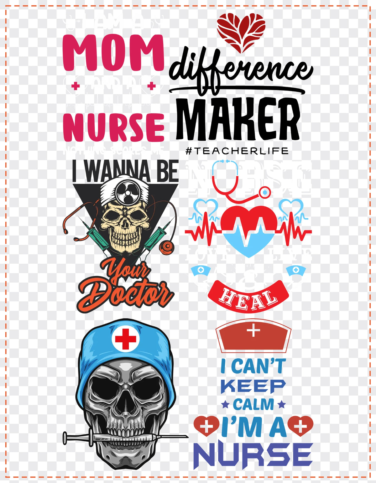 Nurses & Teachers Gang Sheet Pack DTF gang sheet, 21x27cm, 6 designs packed