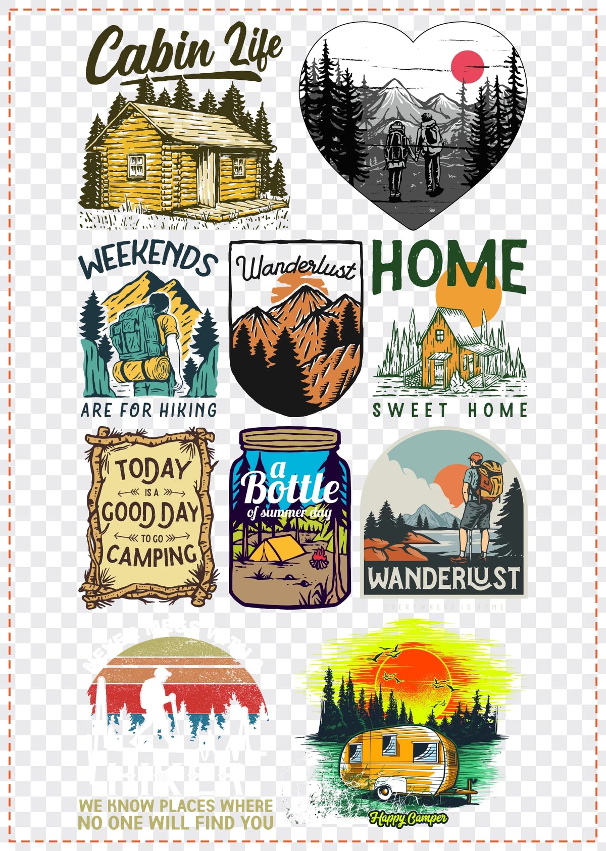 Camp & Hike Gang Sheet Pack DTF gang sheet, 42x59cm, 10 designs packed