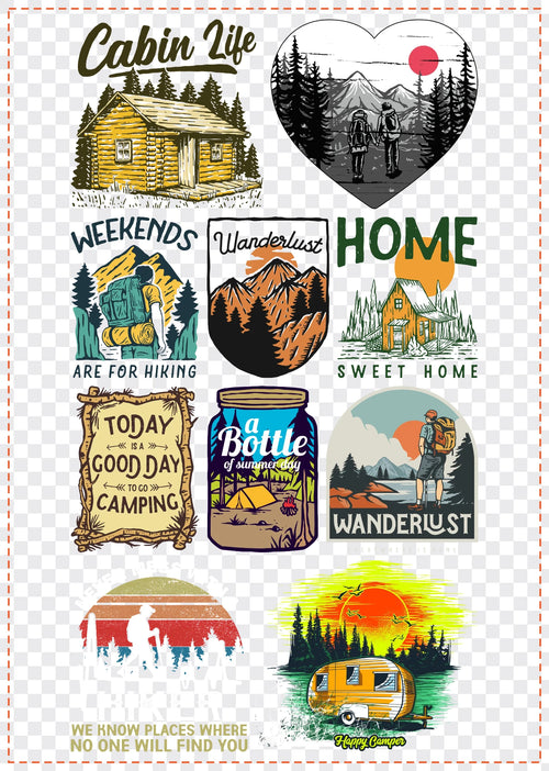 Camp & Hike Gang Sheet Pack DTF gang sheet, 42x59cm, 10 designs packed