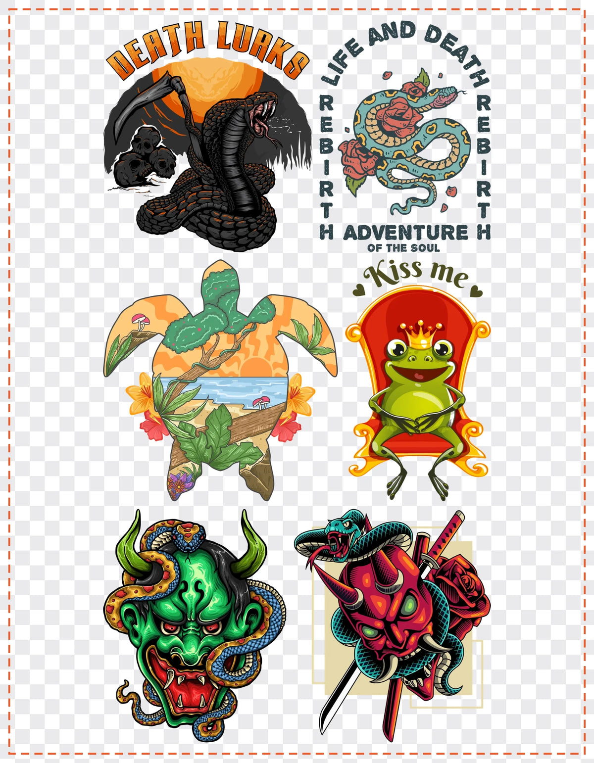 Frogs & Reptiles Gang Sheet Pack DTF gang sheet, 21x27cm, 6 designs packed
