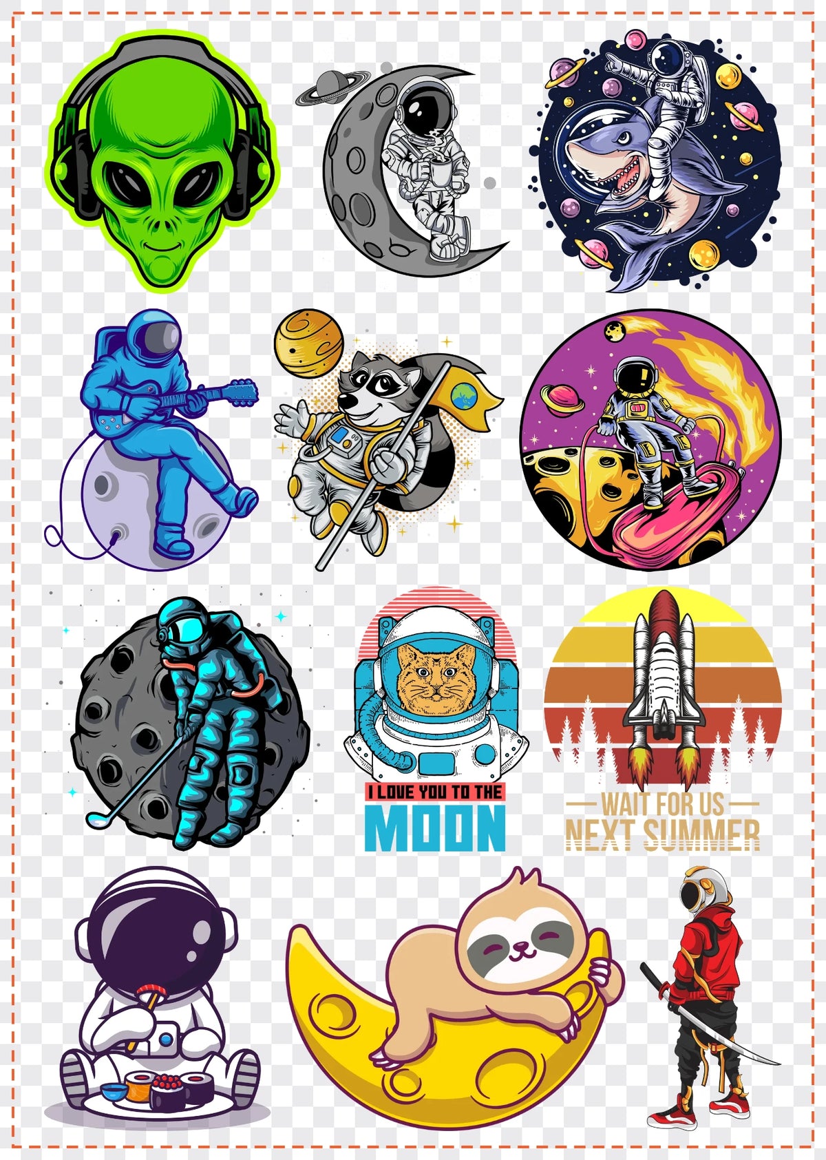 Space & Astronauts Gang Sheet Pack DTF gang sheet, 42x59cm, 12 designs packed