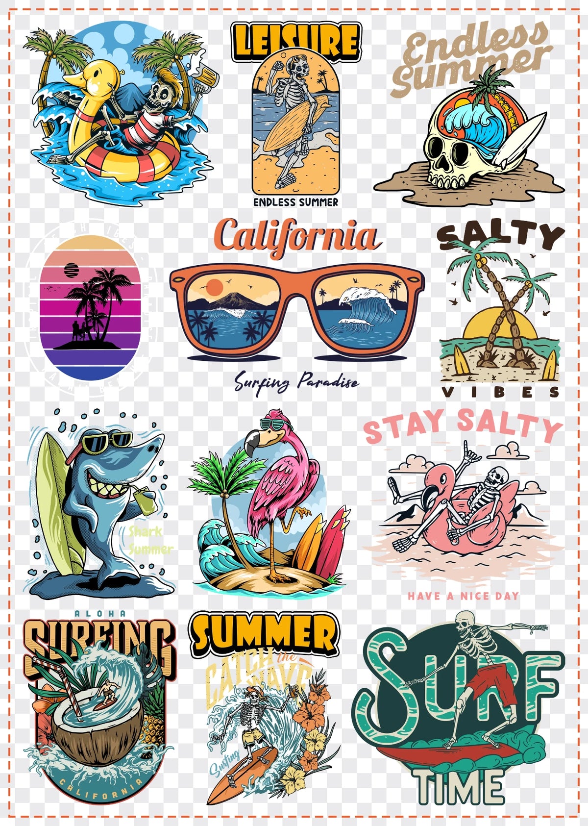 Surf & Summer Gang Sheet Pack DTF gang sheet, 42x59cm, 12 designs packed