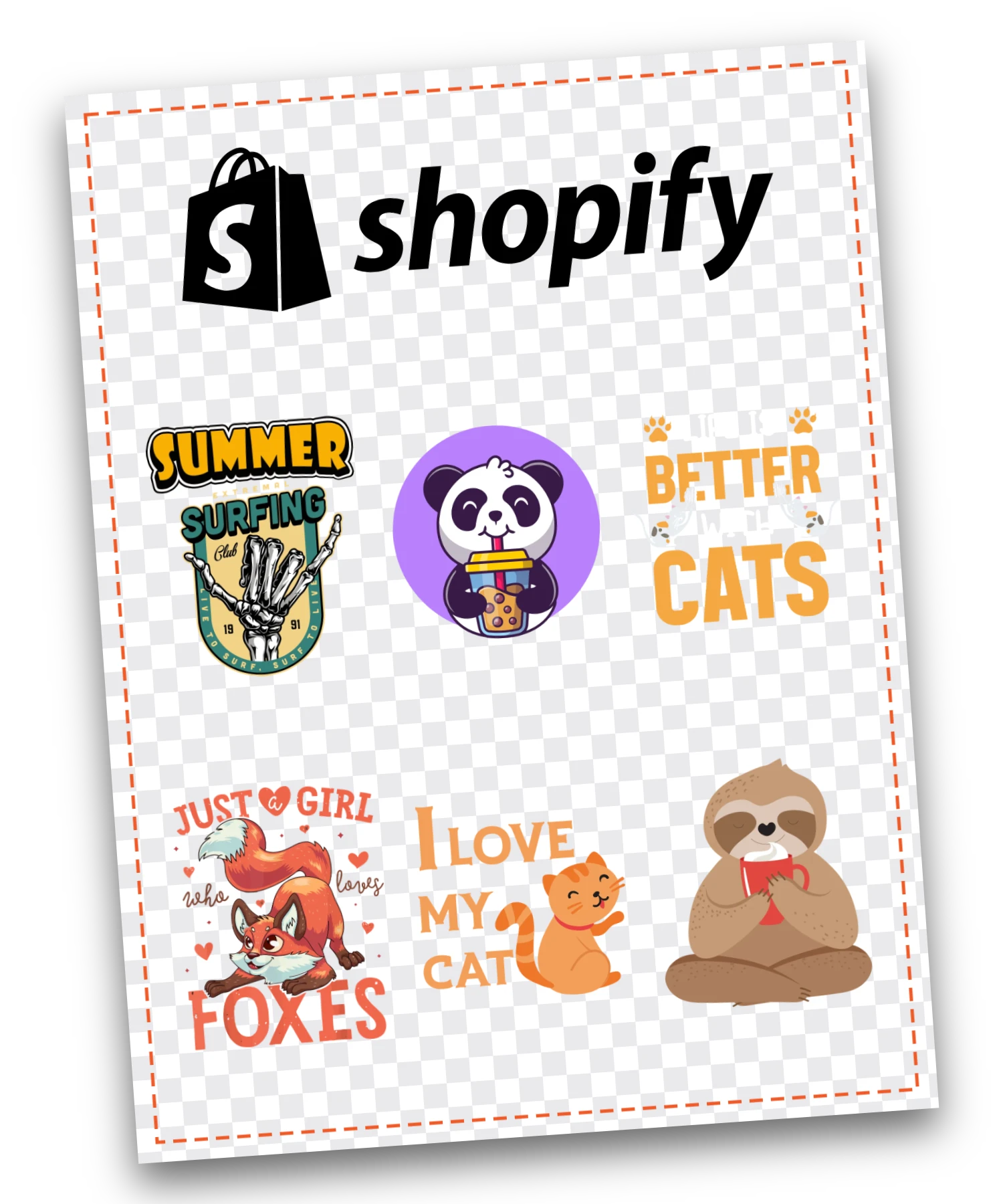 Gang sheet with the Shopify logo and a set of designs, ready to press